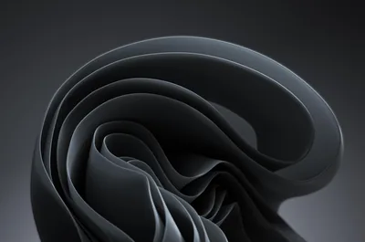 Layered grey ribbons coil outward from a tight centre, photographed against a smooth studio gradient that darkens toward the corners.