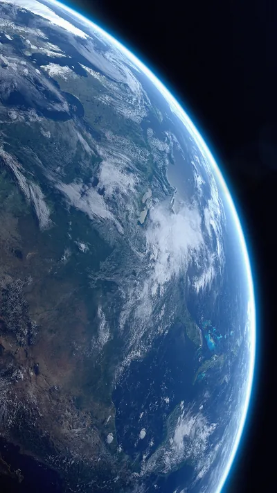 The planet's cloudy surface fills the screen from the left while a thin blue atmosphere line burns down the right edge, the corners falling to black.