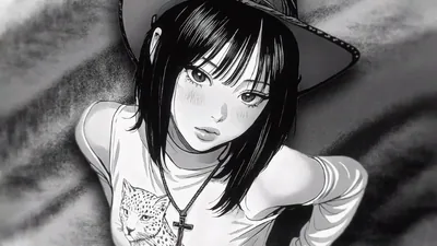 Inked black and white portrait of a girl in a wide brim hat and leopard print tee, a small cross pendant hanging at her collar.