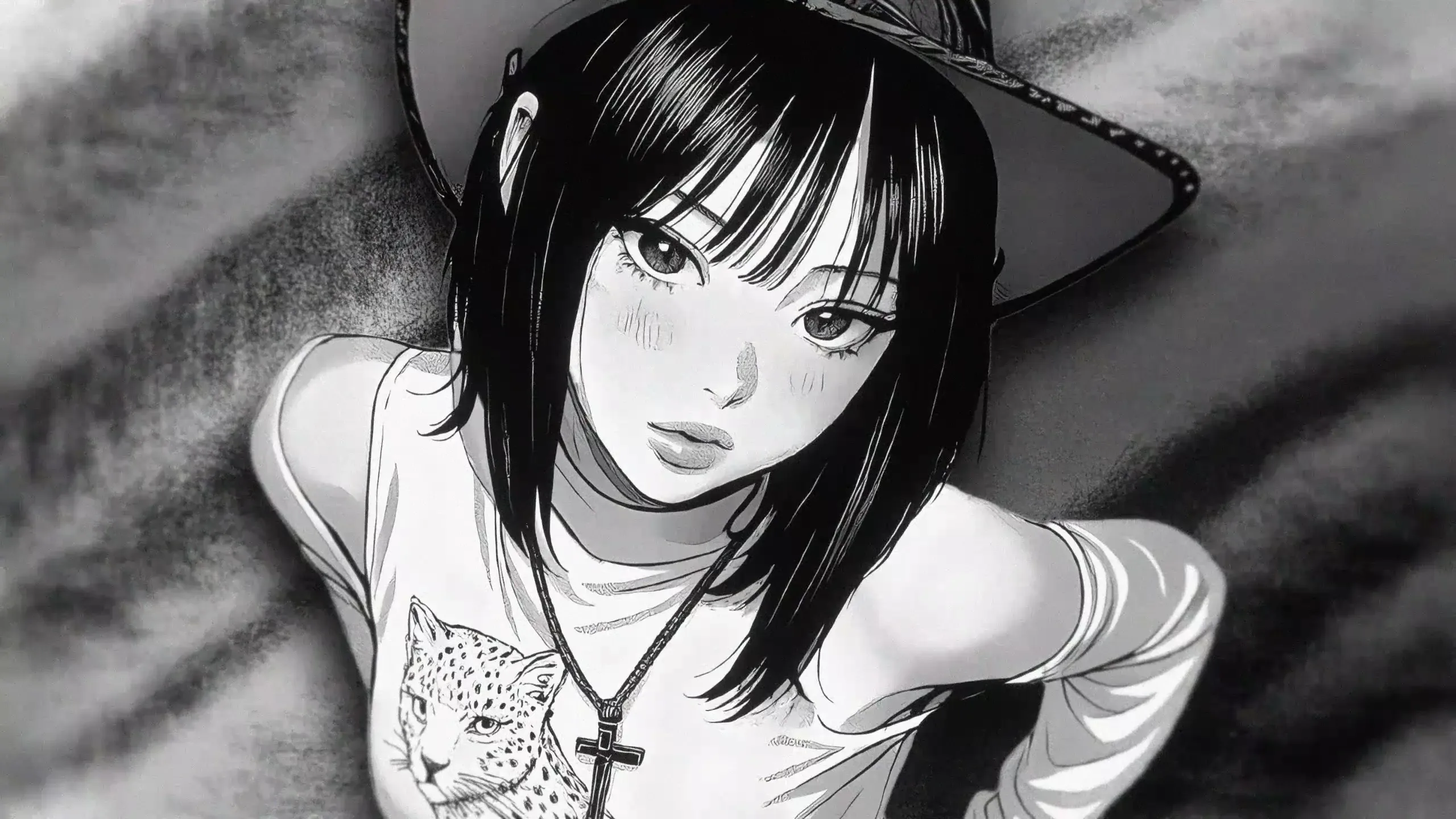 Inked black and white portrait of a girl in a wide brim hat and leopard print tee, a small cross pendant hanging at her collar.