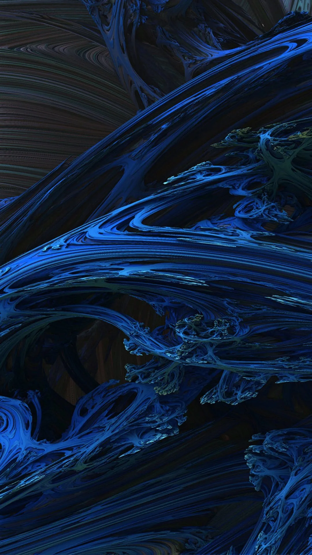 Fine blue filaments coil into fractal whorls, packed tight through the middle and unravelling into a black band at the top.