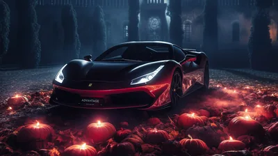 A red and black Ferrari idles on a lawn scattered with lit jack-o'-lanterns, an old manor sunk in blue mist behind the roofline.