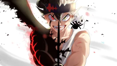 Asta beams behind his upright black sword, which splits the white frame in two, his left arm blackened and a small black clover drifting on the right.