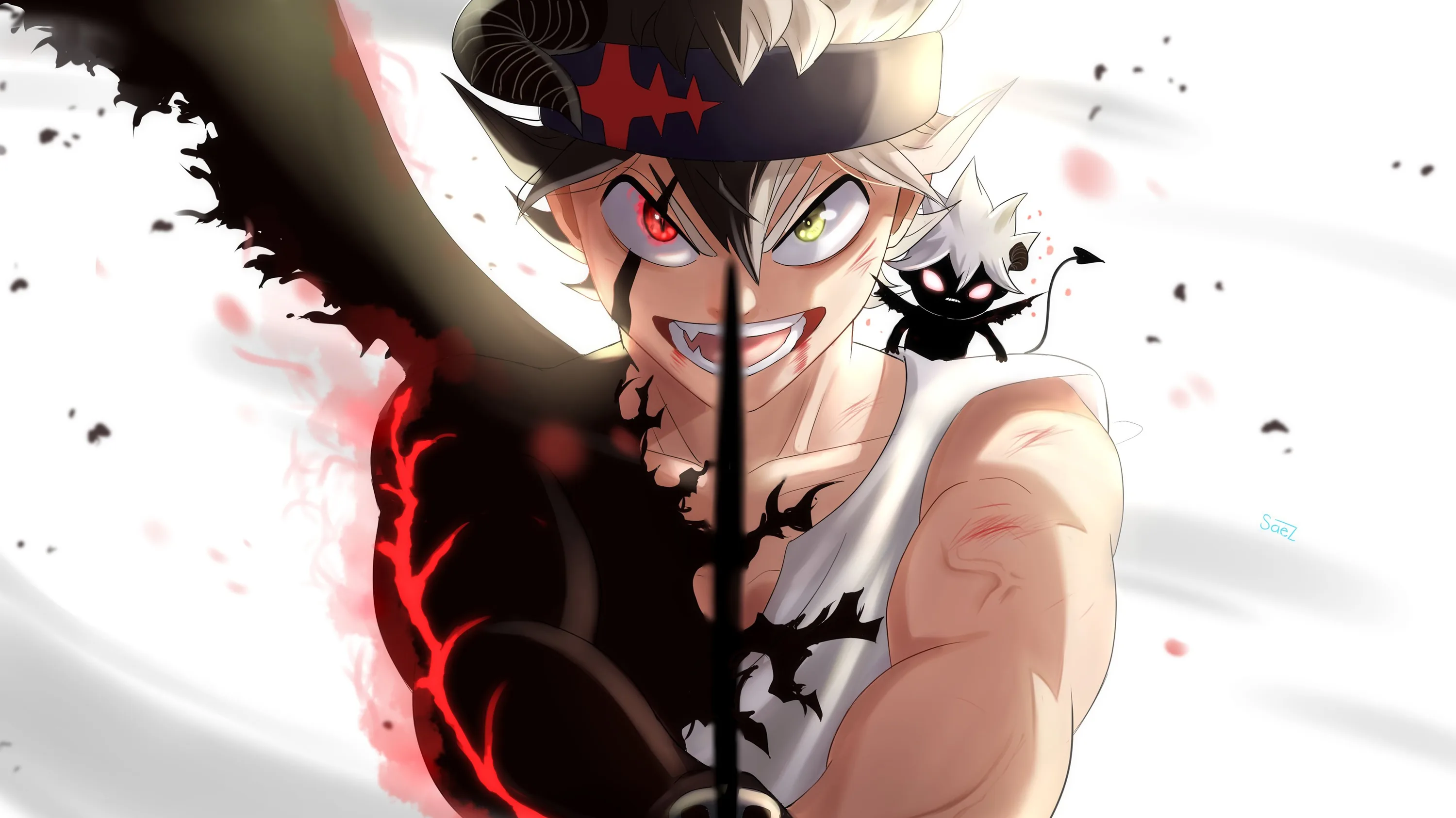 Asta beams behind his upright black sword, which splits the white frame in two, his left arm blackened and a small black clover drifting on the right.