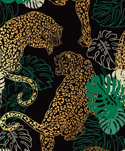 Two spotted leopards prowl among monstera and palm leaves on black, drawn in gold ink with green and cream foliage.
