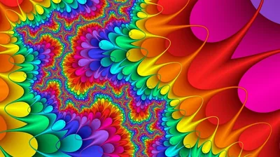 Rainbow droplets cascade along a fractal seam between hot pink petals, every band cycling red to blue — loud edge to edge, built for maximalists.