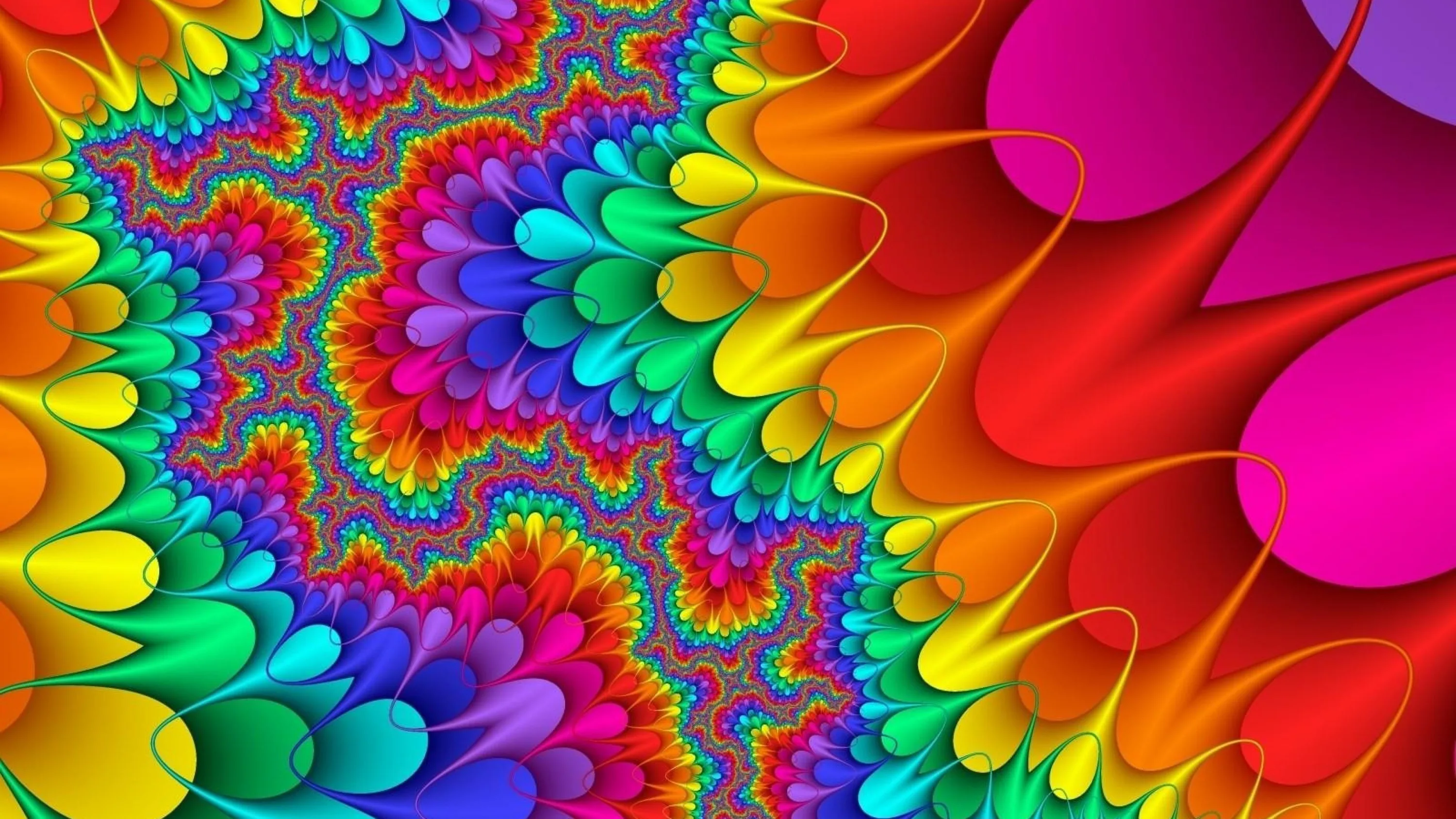 Rainbow droplets cascade along a fractal seam between hot pink petals, every band cycling red to blue — loud edge to edge, built for maximalists.