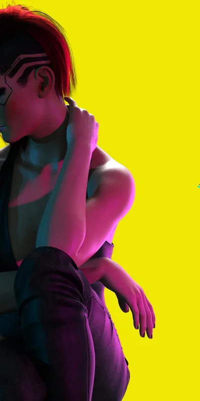 A red-haired merc crouches at the left edge against a solid yellow ground, silver implant lines on her brow, the right half completely empty for widgets.