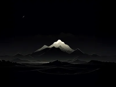 A single lit summit rises out of layered dark ridges, a shooting star crossing the black sky at the top left.
