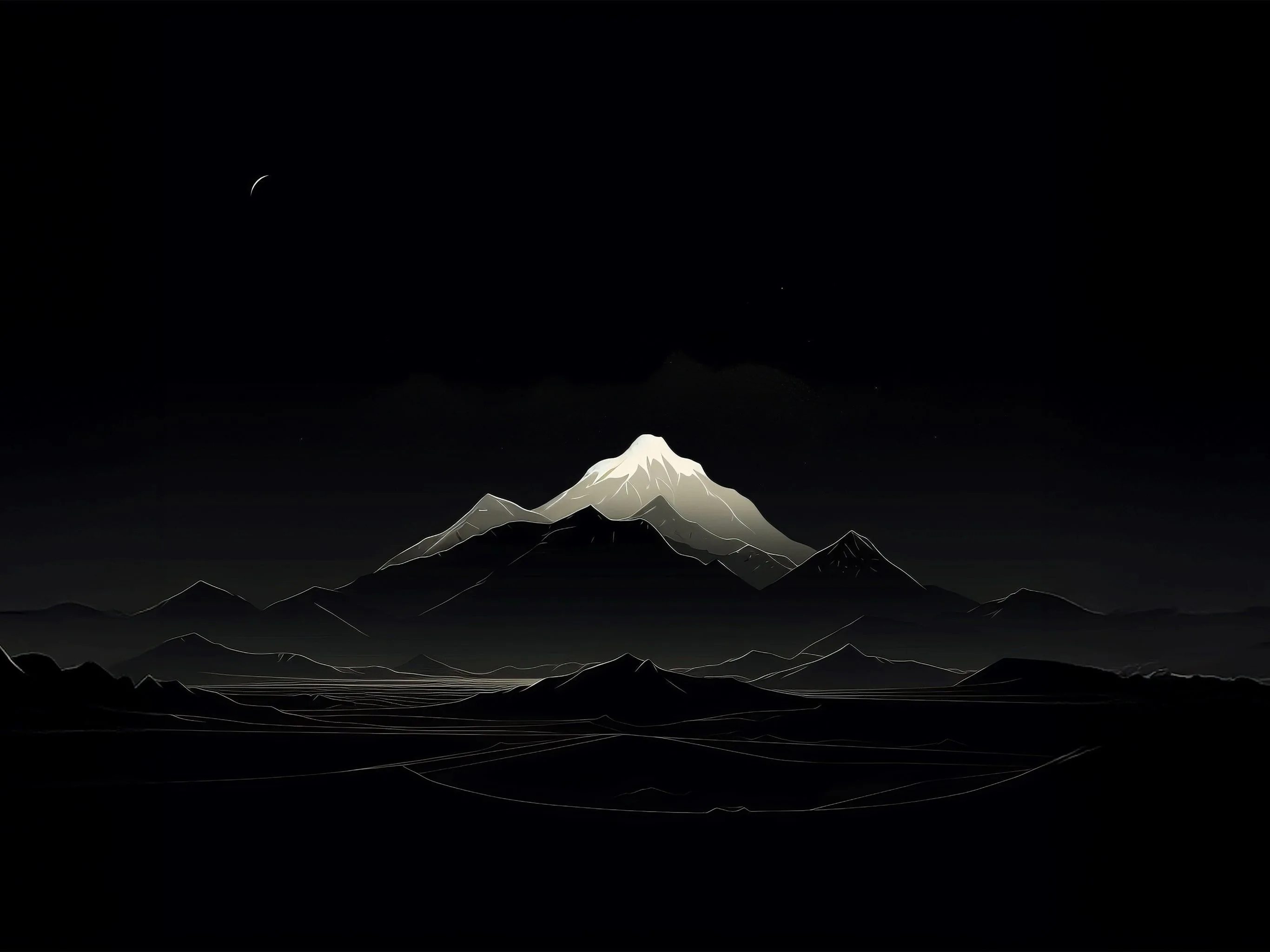 A single lit summit rises out of layered dark ridges, a shooting star crossing the black sky at the top left.