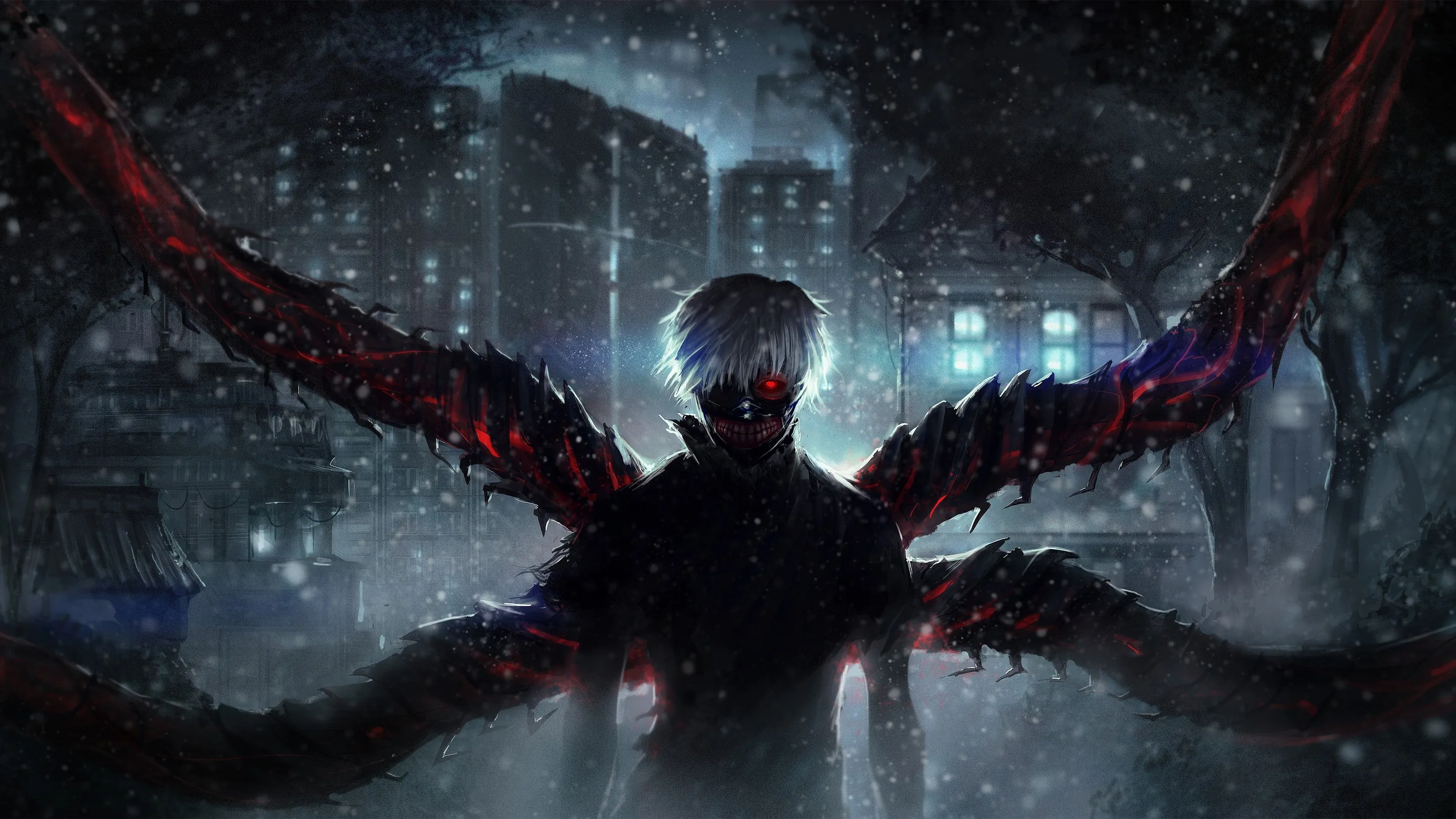 A white-haired figure spreads four red kagune limbs on a rain-soaked street at night, the lit windows of the city blurring into darkness behind him.