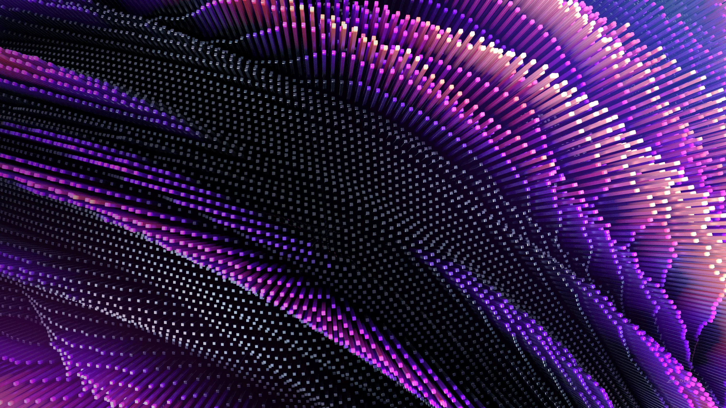 Thousands of glowing dots ripple in 3D waves, violet crests over black troughs — a particle grid that reads as texture without crowding desktop icons.