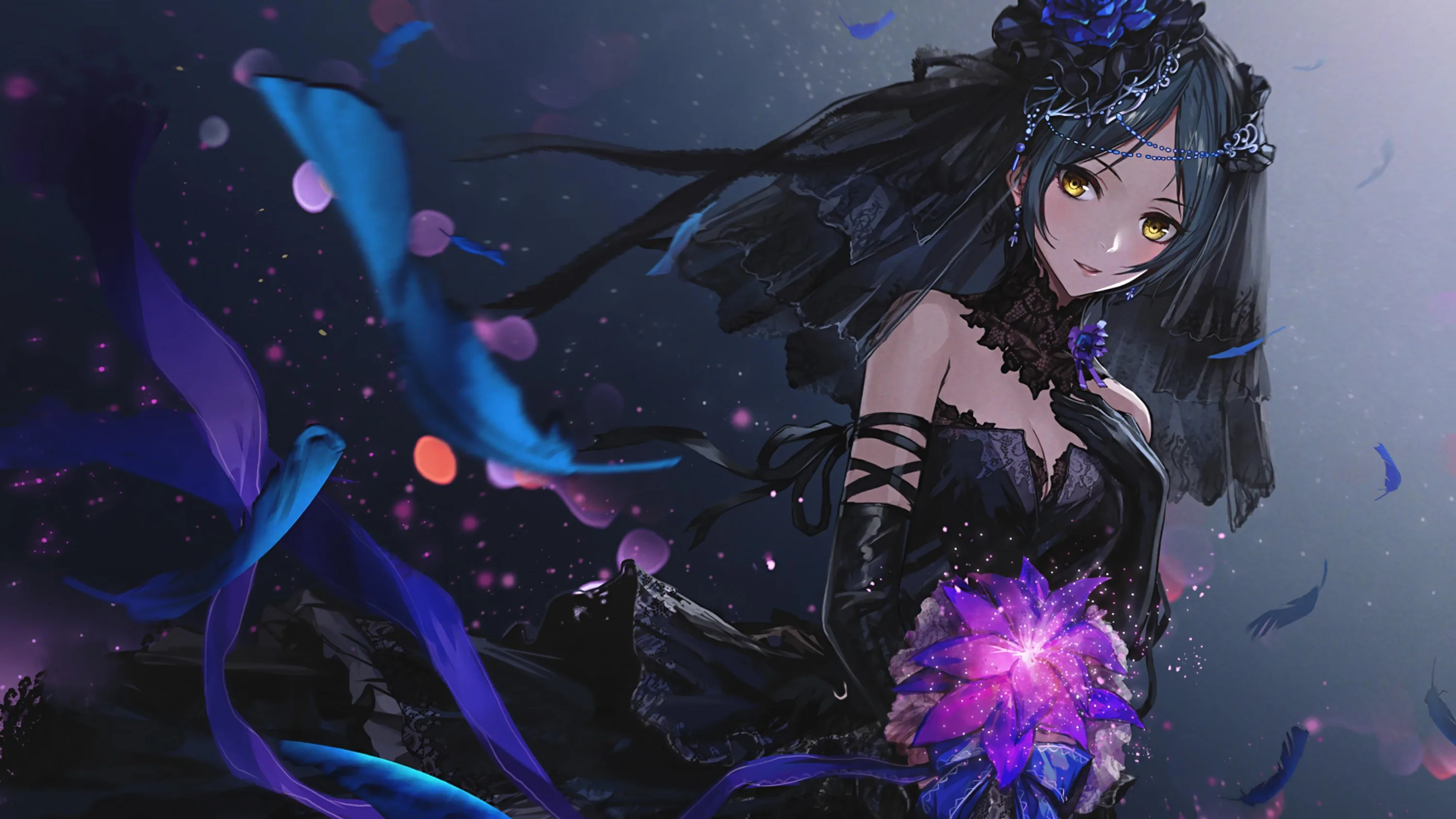 In a black lace gown and a small crown she cups a violet crystal that throws light onto her hands, blue feathers drifting across the left side.