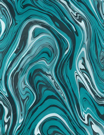 Flat teal waves swirl in the style of marbled paper, each band outlined in white and near black, forming tall S curves up the frame.