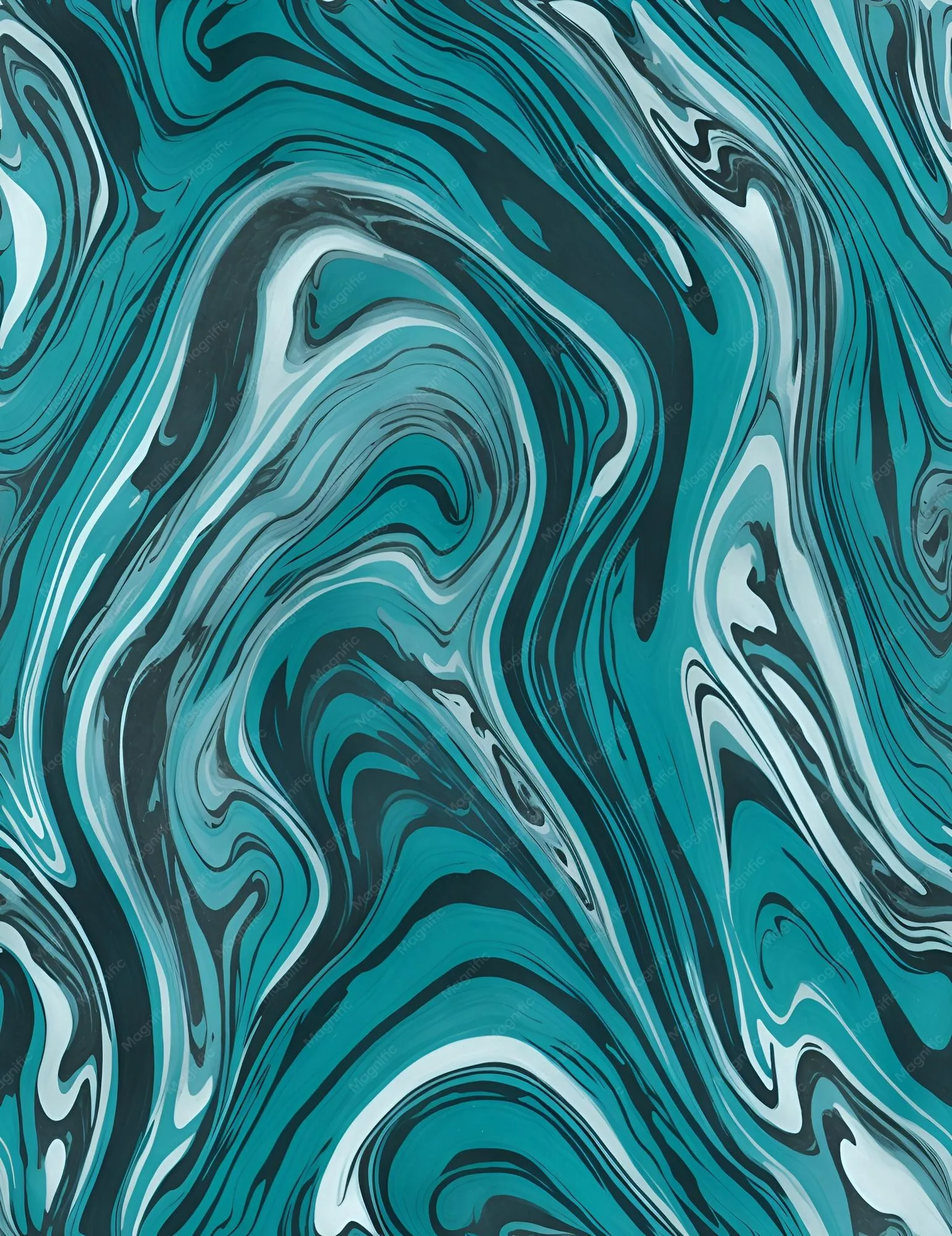 Flat teal waves swirl in the style of marbled paper, each band outlined in white and near black, forming tall S curves up the frame.