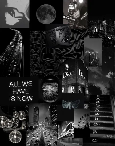 City streets, a full moon and shop signs tile across black, the quote set in white capitals along the left edge where the images thin out.
