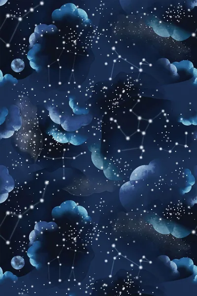 Illustrated navy clouds drift between hand drawn constellations joined by thin lines, a full moon tucked into the upper left of the repeating pattern.