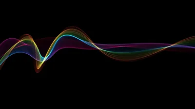 A thin ribbon of light snakes across the middle of the frame, splitting into pink, teal and gold along its length while the rest stays flat black.