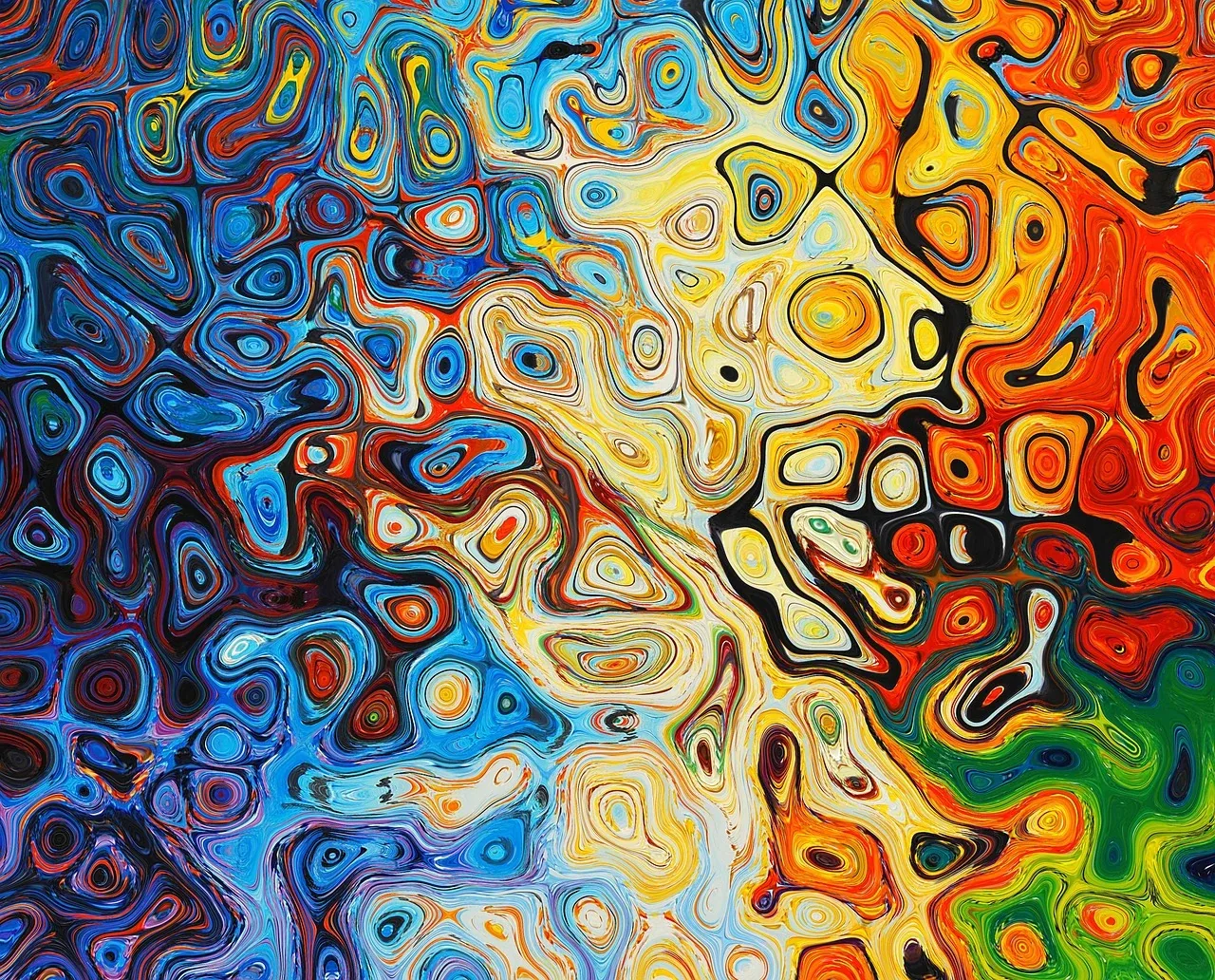 An oil painting packed with swirling cells of blue, orange, and yellow, brush texture visible in every blob — busy edge to edge, best kept behind few icons.