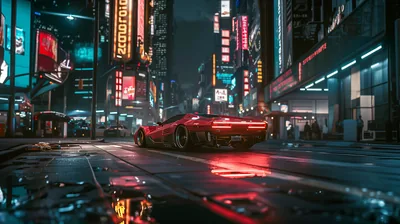 Shot from road level, a wedge-shaped red supercar idles between glowing billboards, puddle reflections filling the empty foreground third of the frame.