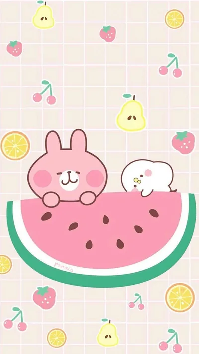 The rabbit and a small white bird rest their paws on a huge watermelon slice, fruit doodles filling the peach grid evenly enough for any icon layout.