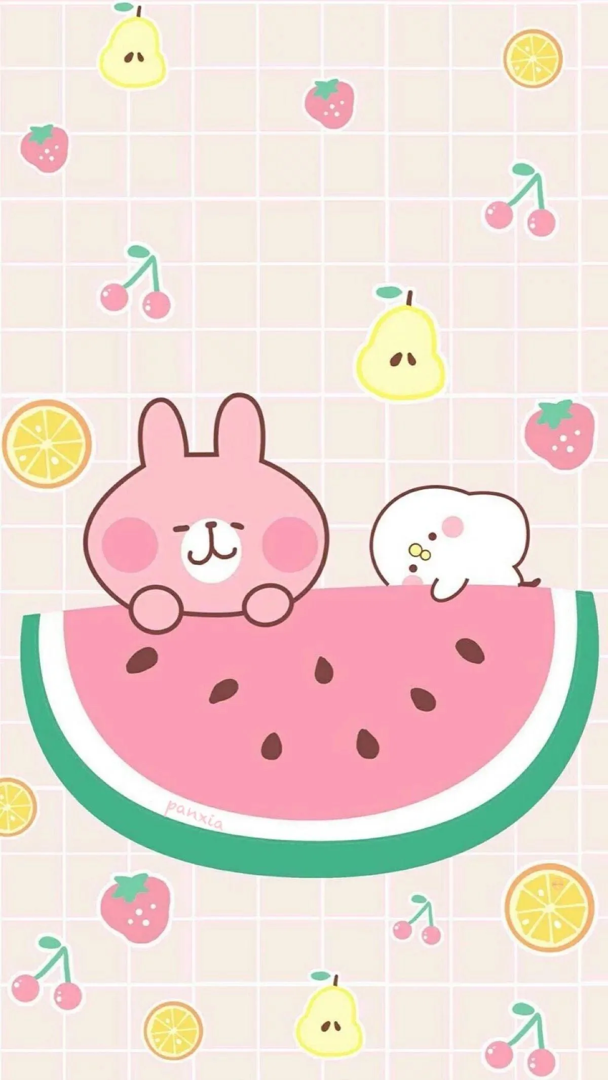 The rabbit and a small white bird rest their paws on a huge watermelon slice, fruit doodles filling the peach grid evenly enough for any icon layout.