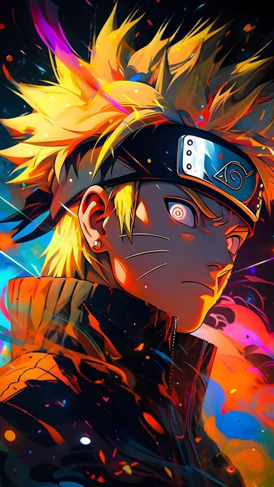 Naruto's portrait breaks into neon paint splashes of orange, violet and blue, one glowing eye at the centre while drips bleed off every edge.