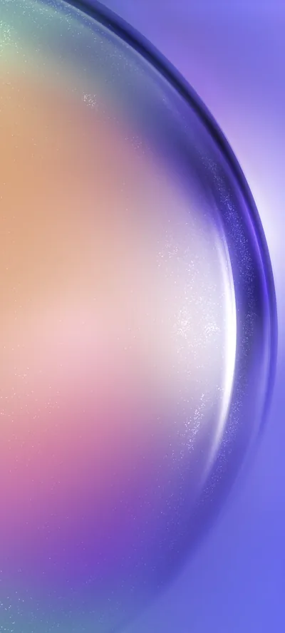 A purple glass ring curves through the right half, holding a warm peach-and-orange haze inside it, while the left edge stays smooth violet where app shortcuts sit cleanly.
