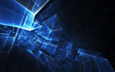 Flat translucent panels tumble away from the left corner in electric blue, their edges lit hard against the black depth behind them.