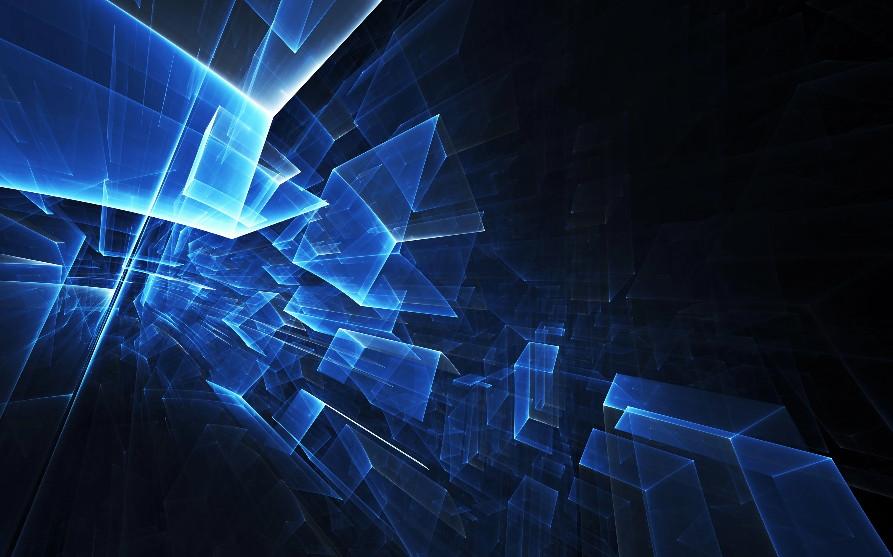Flat translucent panels tumble away from the left corner in electric blue, their edges lit hard against the black depth behind them.