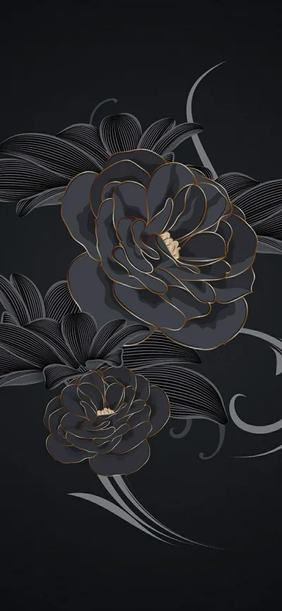 Two large black roses bloom over a charcoal panel, gold catching the inner petals while silver line work curls out to the sides.