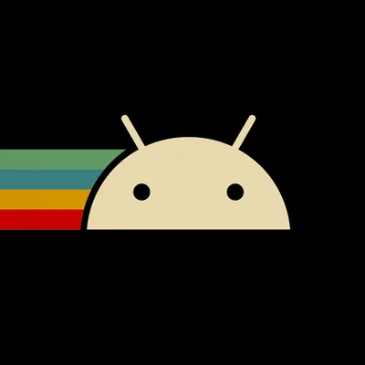 The Android robot head in cream sits centred on black, a band of green, blue, red and yellow running out behind it to the left edge.
