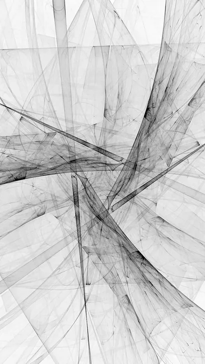Translucent sheets and needle-fine lines cross each other in soft grey, the whole frame kept light with no true black anywhere.