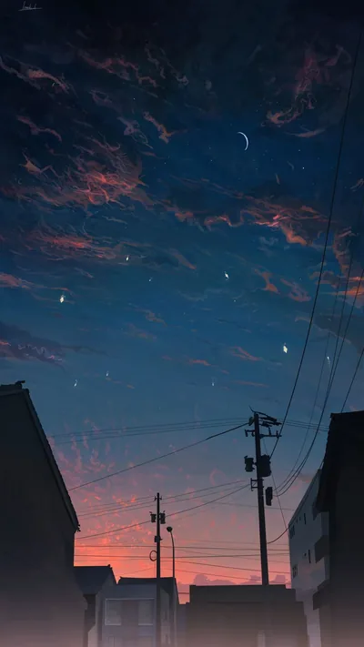 An anime-style evening: a thin crescent and scattered stars over dark rooftops and power lines, the last orange of sunset caught between the buildings.