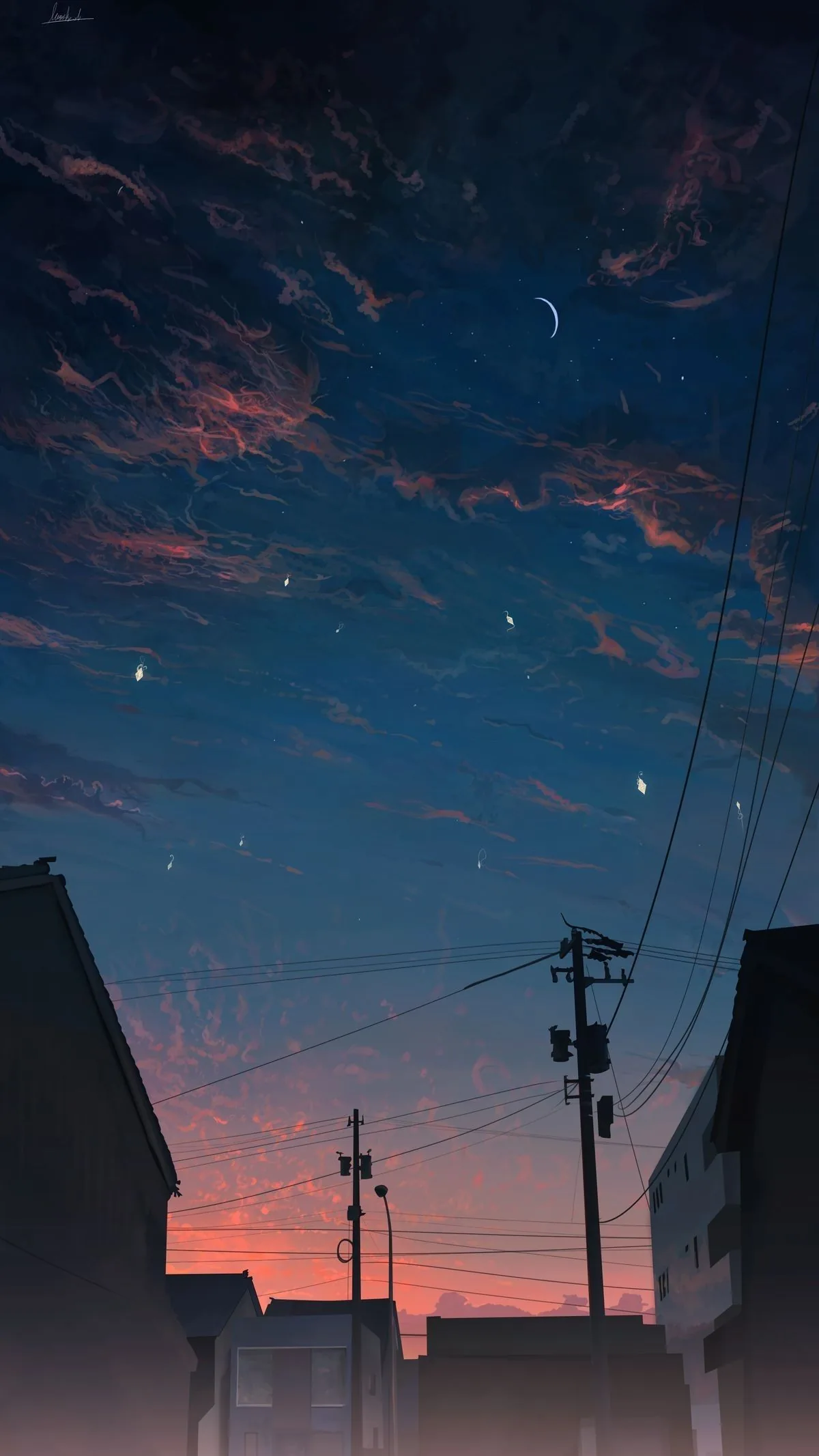 An anime-style evening: a thin crescent and scattered stars over dark rooftops and power lines, the last orange of sunset caught between the buildings.