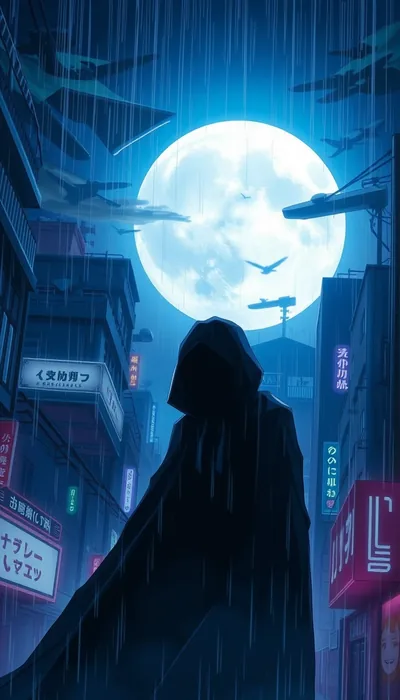 A hooded figure walks a rainy neon alley beneath an oversized full moon, jets crossing overhead; the pink signage keeps to the edges of the frame.