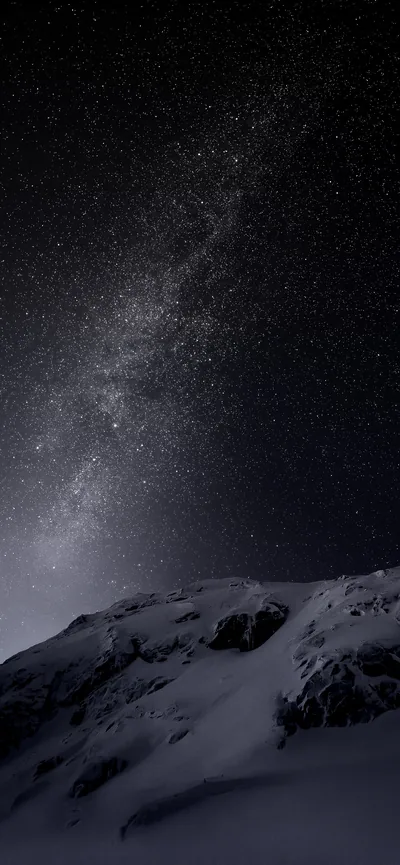 The Milky Way arcs over a snow-covered ridge, the summit catching just enough light to separate it from the black sky above.