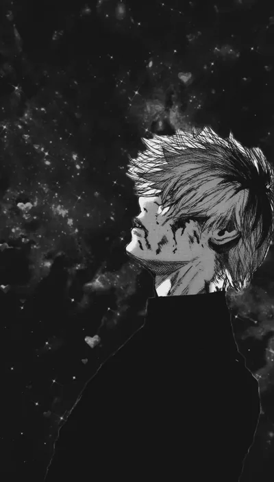 Kaneki looks skyward in grainy black-and-white, cracks spreading over his face, his dark sweater sinking into the speckled black lower third.