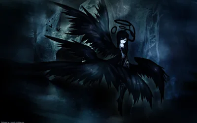 Huge black wings spread across a stone hall, a thin ring of light hovering above the figure's head and the corners left in deep shadow.