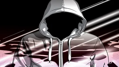 A white zip hoodie with an empty black void where the face should be, speed lines cutting diagonally through the background.
