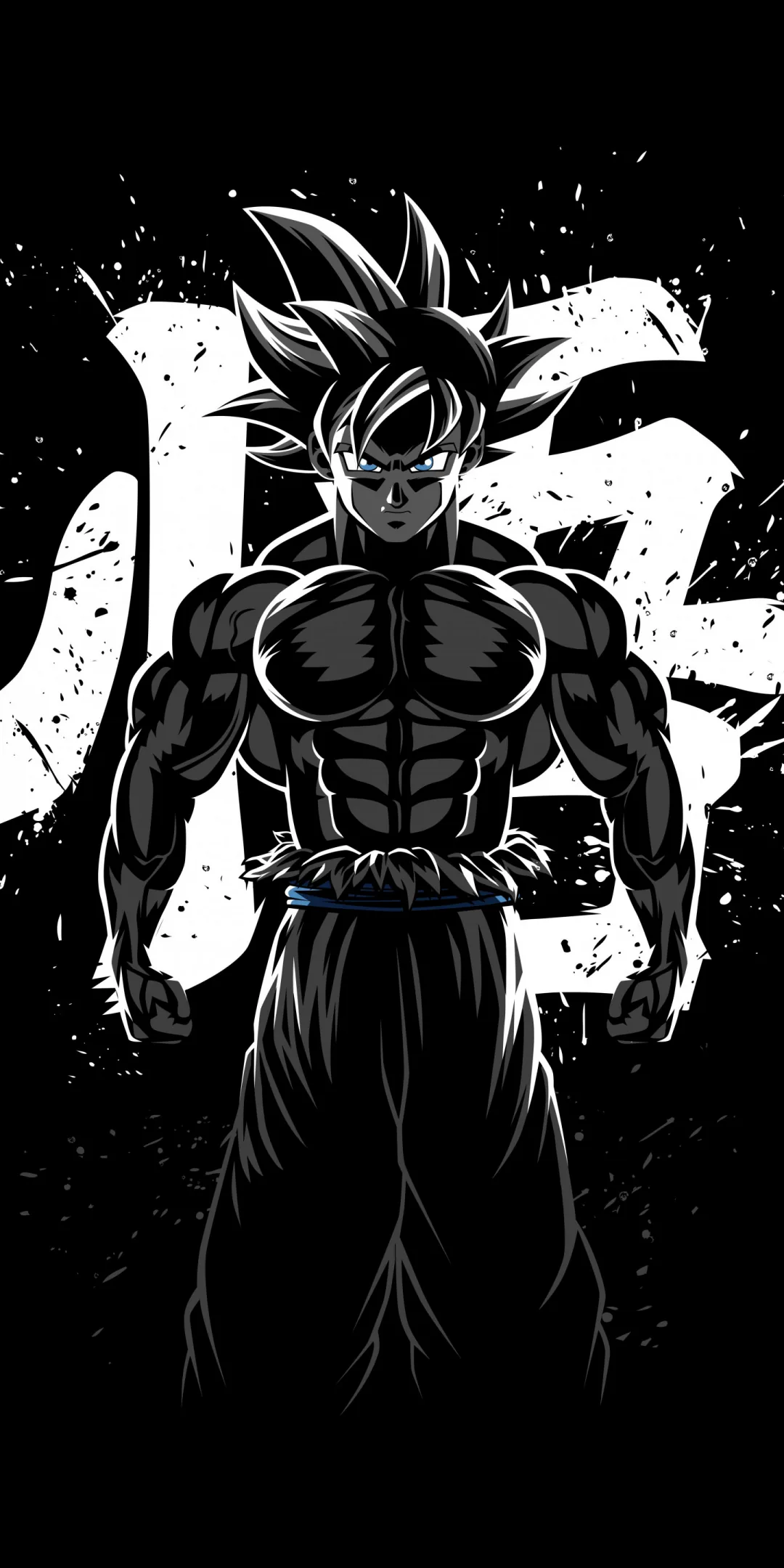 Goku stands in monochrome silhouette against a large white kanji, muscles picked out in hard contrast.