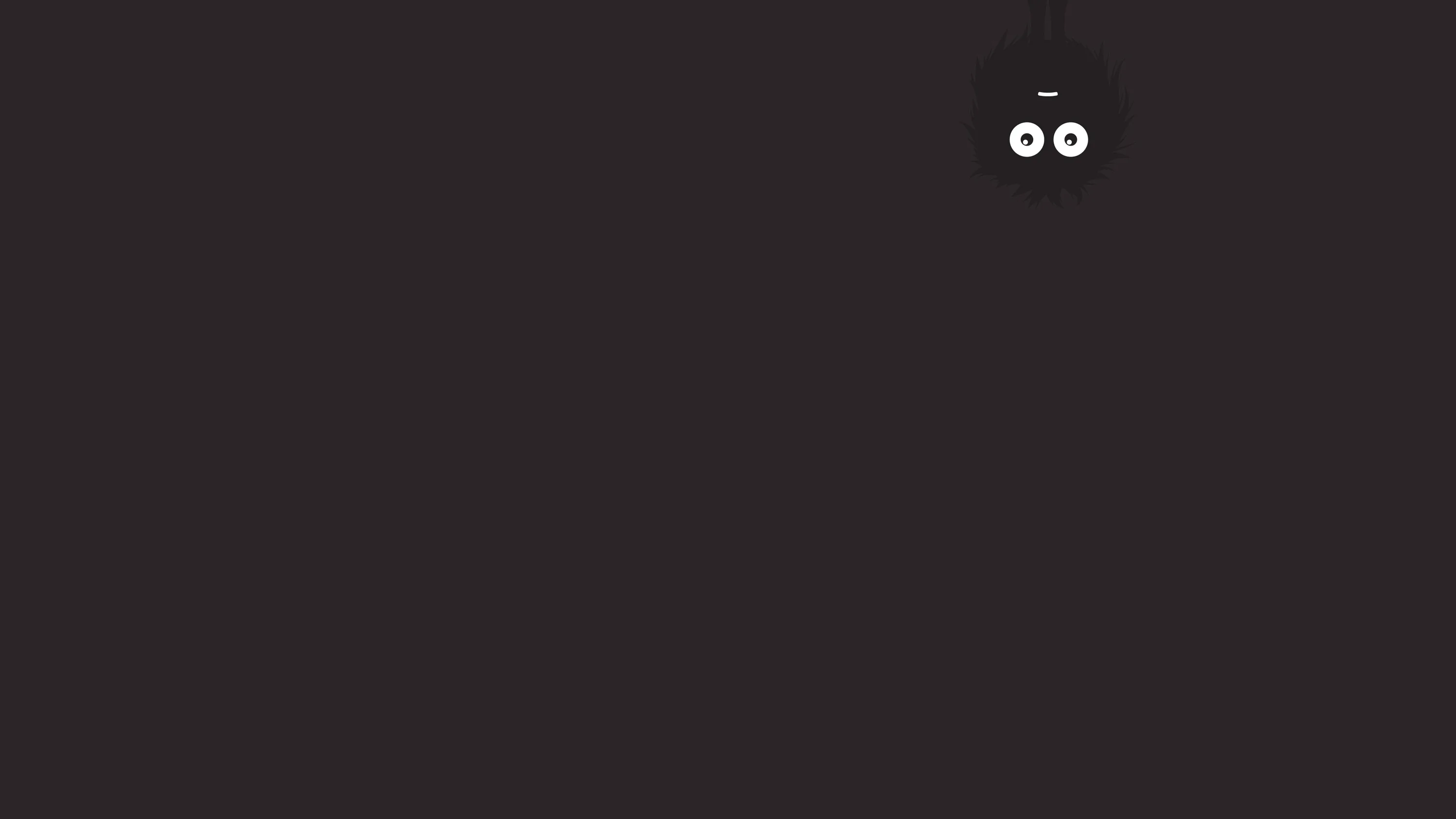 Two wide white eyes and a fuzzy dark body appear in the upper right corner of an otherwise empty warm-black field.
