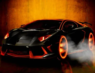 Digital art of an Aventador against a rusted wall, orange light running along its body lines and pouring out of the wheels while smoke curls off the rear tyre.