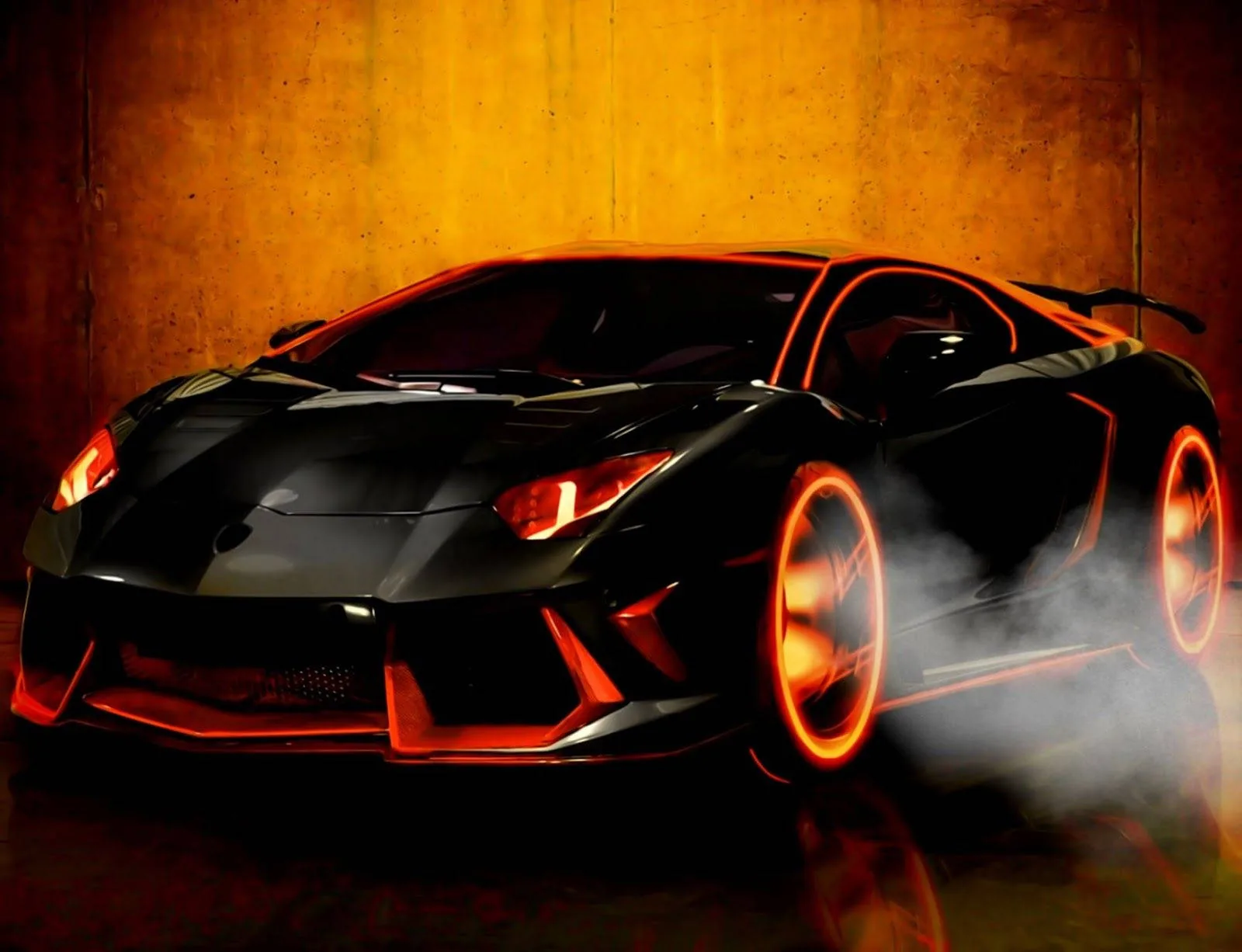 Digital art of an Aventador against a rusted wall, orange light running along its body lines and pouring out of the wheels while smoke curls off the rear tyre.