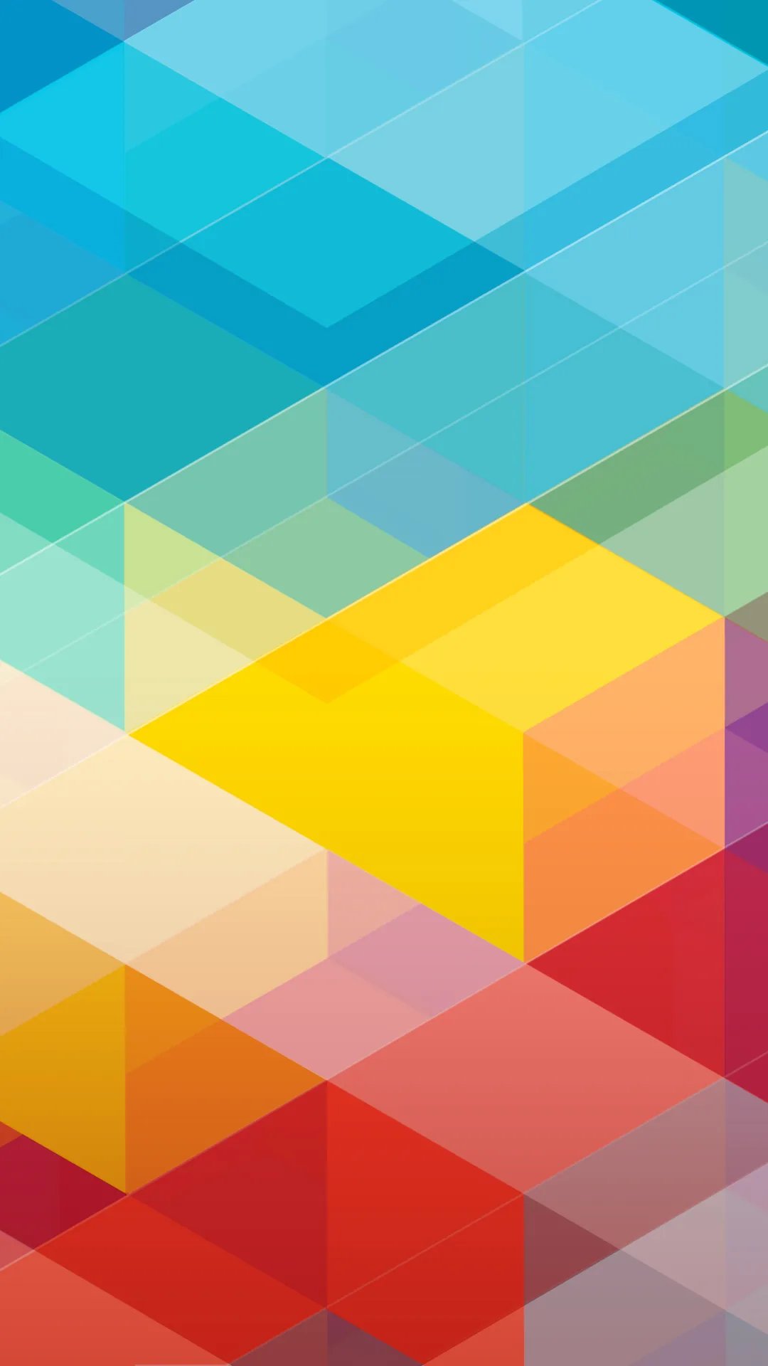 Translucent colour blocks step from teal at the top through a yellow cube centre to red facets below, overlapping like stained glass throughout.