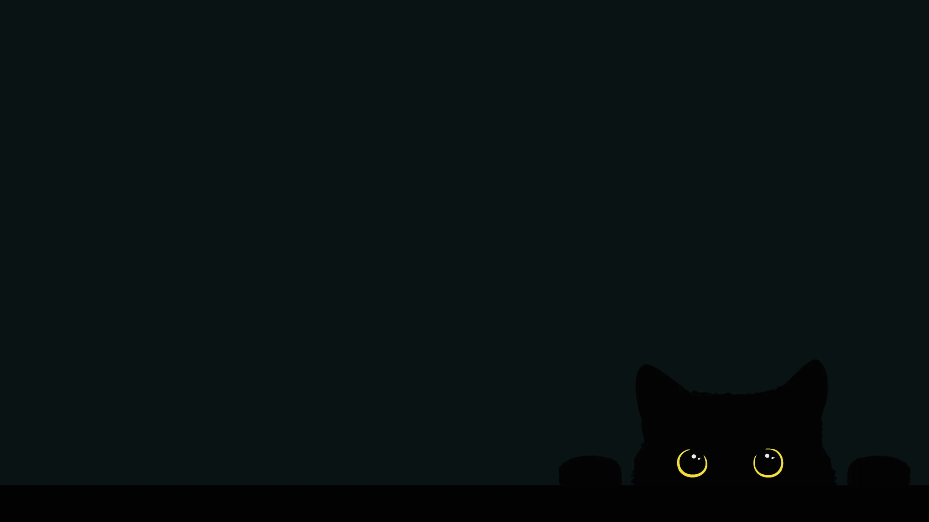 Almost the entire frame is flat near-black; a pair of ears and two small yellow eyes surface in the lower right corner only.