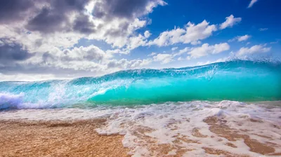 A backlit wave glows green-blue as it collapses into thick foam on the sand, storm light breaking through the clouds behind it.