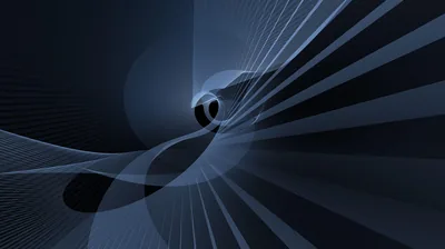 Thin steel-blue lines fan out from a dark circular void just left of centre, sweeping into a spiral across the lower half.