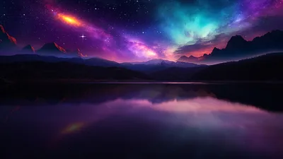 A galaxy in purple, teal and orange hangs over black mountains and a still lake, the lower water dark enough for icons and widgets.