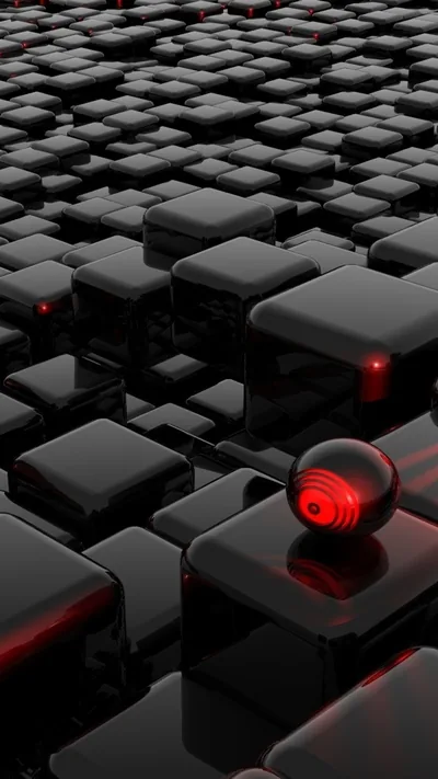 A glowing red ball rests on a field of black cubes, small red lights repeating into the distance behind it.